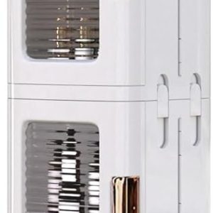 VECELO 4-Tier Plastic Tall Narrow Storage Cabinet with Movable Wheels, Adjustable Shelves, Magnetic Doors, Slim Bathroom Organizers and Storage for Small Space, Bathroom, Kitchen, Laundry, White